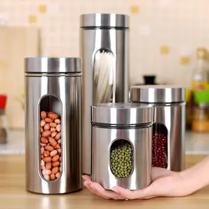 Canisters Set,4 Piece Silver Stainless Steel Canister Set with Glass Windows,Perfect for Kitchen Canning Cereal,Pasta,Sugar,Beans,Spice