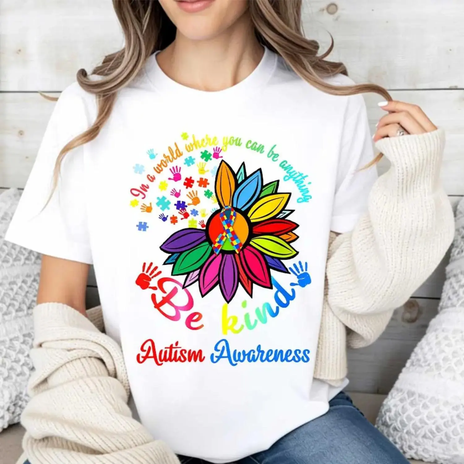 Men's Autism Awareness "Be Kind" Graphic T-Shirt - Breathable, Athletic Short-Sleeve, Round Neck, Lightweight Fitted Streetwear Top with Rainbow Puzzle Flower Print, Tshirt, Shortsleeve, Casual