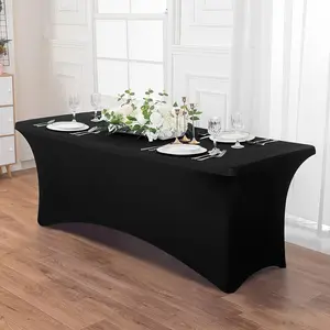Available as 1-pack or 2-pack — Rectangular stretch polyester tablecloths — Wrinkle-resistant, washable tablecloths with elastic edges, suitable for wedding receptions, banquets, and parties