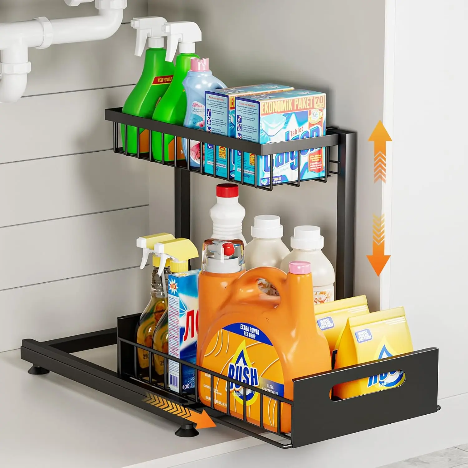 Heavy-Duty Steel Under Sink Organizer Shelves, 2-Tier Rectangular Pull-Out Storage Rack with Adjustable Height, Washable Removable Pads, Dual Grip Patches, Easy Installation for Space Maximizing Indoor Kitchen & Bathroom Use (1 Pack), Declutter Your Space