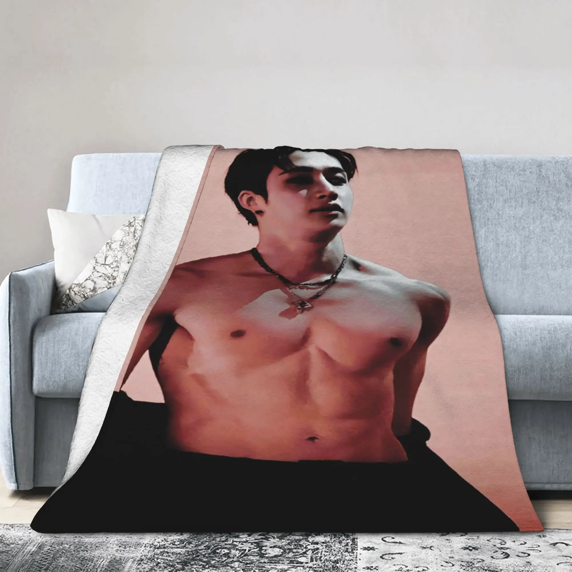Bang Chan SKZ Anime Flannel Blanket - 280GSM Soft, Wrinkle-Resistant, Cozy Setup Bedspread/Couch Throw with Bang Chan Art, All-Season Valentine Fan Gift Ready for Anime Fans (Multicolor)