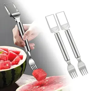 【2 Pack】Watermelon Fork Slicer Cutter Slicer Tool, 2-in-1 Stainless Steel Fruit Cutter, Dual Head Fruit Forks Slicer Knife with Round Handle Fruit Cutting Kitchen Utensils