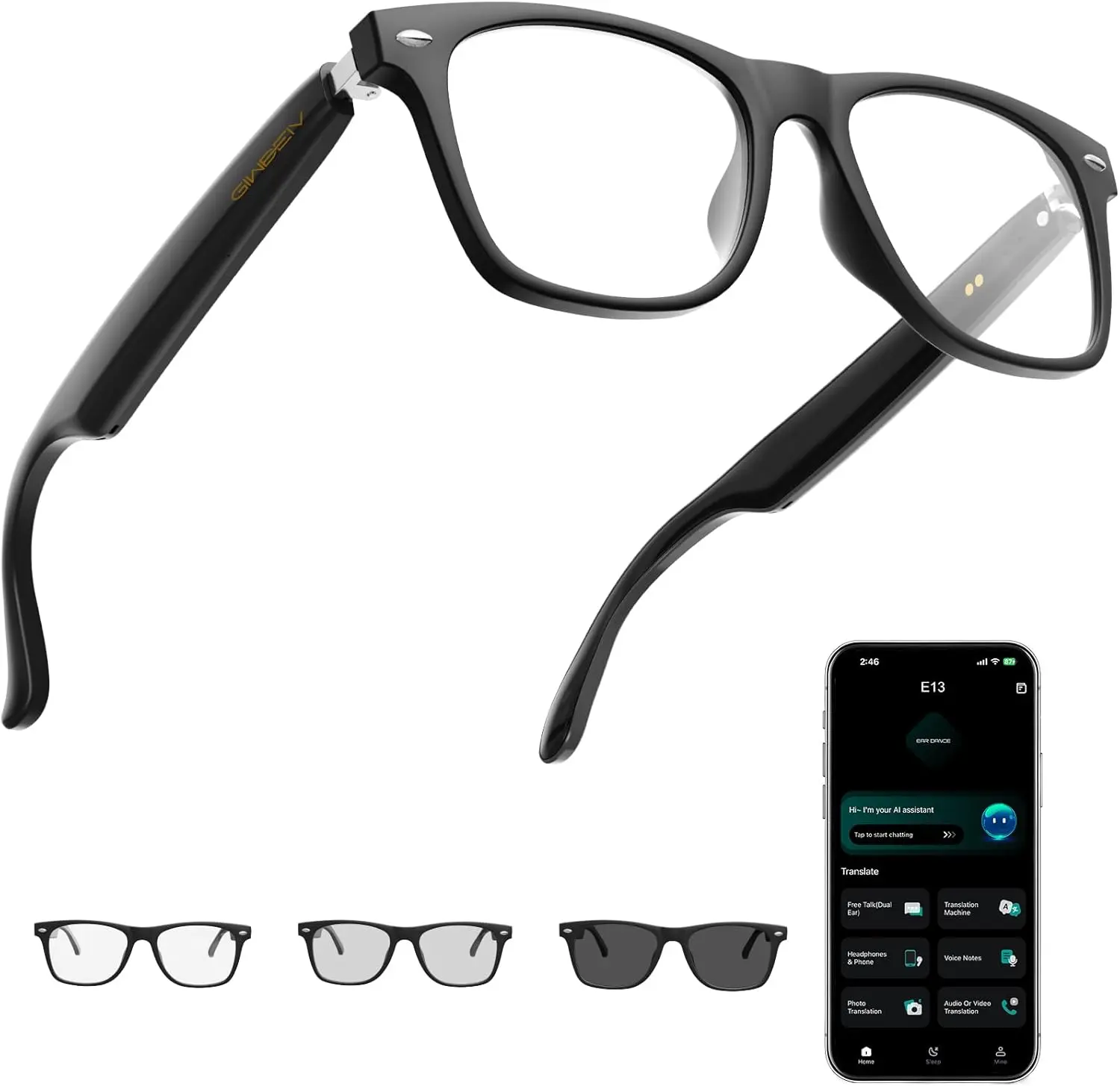 AI Smart Wearable Glasses for Men & Women, with ChatGPT, Bluetooth Connectivity, 165-Language Translation, Color-Change Lenses, Meeting Analysis, Music Playback, Hands-Free Calls, UV & Blue Light Protection