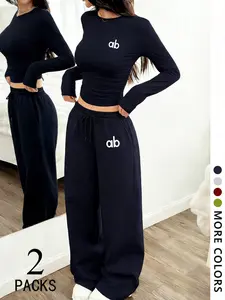 Women's Two-Piece Set, European Style Round Neck Long Sleeve Top, Straight Leg Drawstring Pants, Comfortable Fabric, Perfect for Daily Wear, Travel, Shopping, Fashion, Womenswear