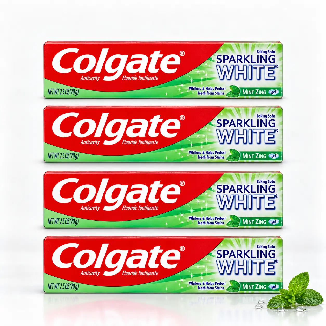 Colgate Sparkling White Baking Soda Anticavity Fluoride Toothpaste Value Bundle (2.5 oz / 70g) Mint Zing Gel Whitening Formula - Cavity Protection Stain Removal Fresh Breath Whitening Toothpaste Oral Care