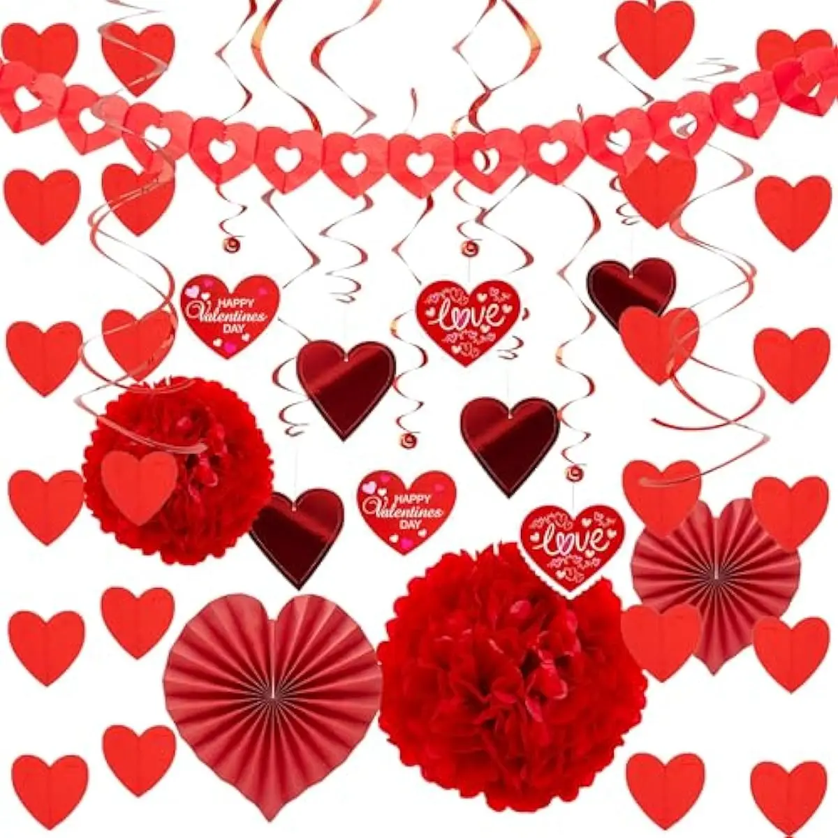 27 Pieces Valentines Day Swirl String Cutout, Decoration Kit with Heart Shaped Garland, Tissue Fans,Tissue Poms, Heart String, Double Swirls and Other for Valentines Party Wedding Anniversary