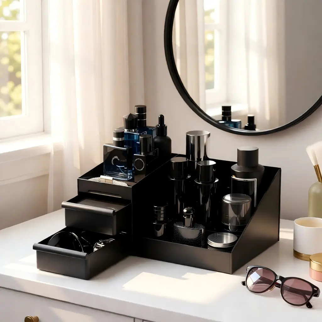 Premium Men's Grooming Organizer - 3-Tier Cologne & Fragrance Storage Box, Waterproof Countertop Case for Bathroom - Ideal Gift for Men, Vanity, Kitchen, Cosmetic Organizer, Makeup Box Organizer