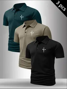 Men's 3-Pack Minimalist Cross Print Graphic Waffle Knit Fitted Polo Shirts, Casual Textured Short Sleeve Collared Tees, Breathable Summer Tops, Knitted #3PackPoloShirts #CrossPrintPolo #WaffleKnitShirt #CasualMensTop #TikTokMadeMeBuyIt