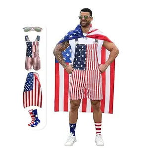 Bindefon 4th of July 4 Piece Set Combo - 250th Birthday American Flag Overalls Men,Cape,USA Sunglasses,Patriotic Socks, Menswear, Father's Day Gifts