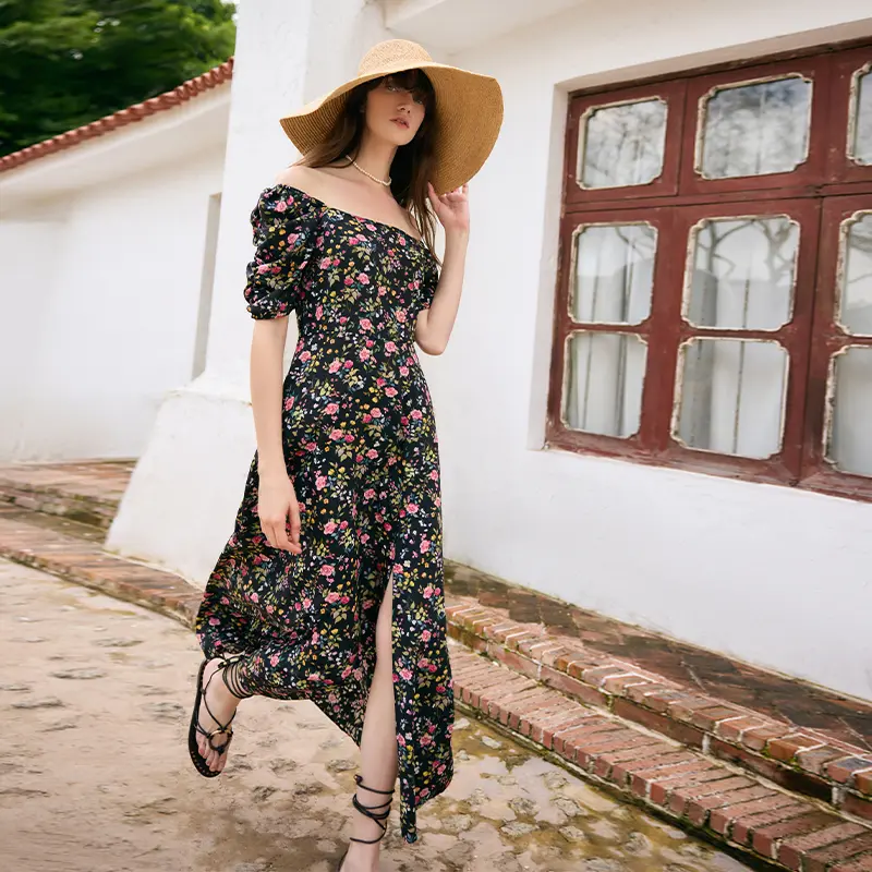 Mulberry Silk Rose Print Women Maxi Dress