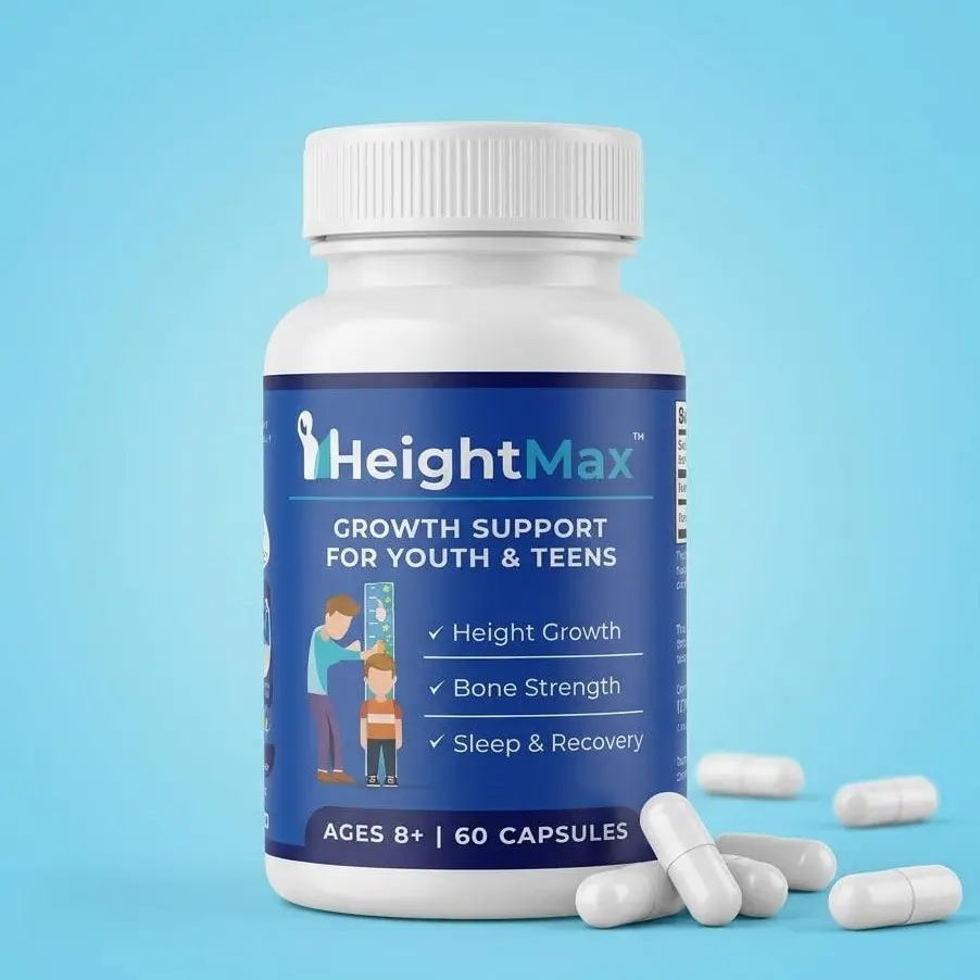 HeightMax Natural Height Growth & Development Support for Youth - Calcium, Vitamin D3, Zinc Picolinate, L-Arginine, Bone Strength, Allergen Safe, Gluten Free, Dairy Free, Non GMO, 60 Capsules