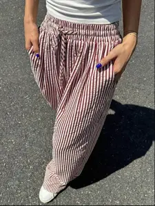 Women's Striped Print Drawstring Waist Wide Leg Pants, Casual Bohemian Trousers, Casual Pocket Trousers for Daily Wear, Ladies Bottoms for All Seasons