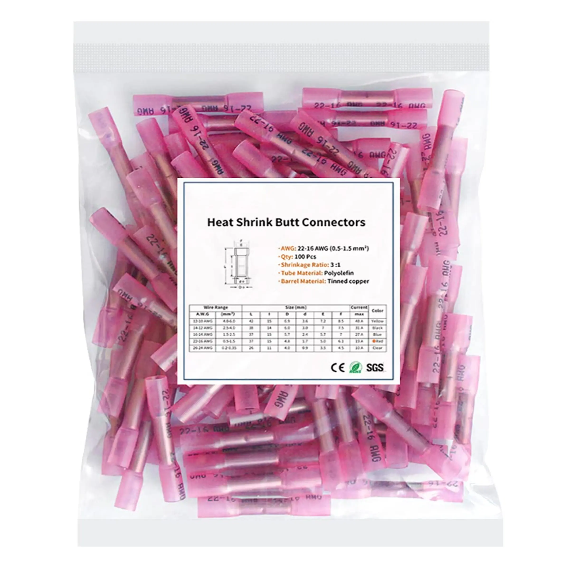 Heat Shrink Butt Connectors, 22-16 AWG 100 Pcs Red Marine Grade Insulated Crimp Wire Connectors, Durable Reliable Connectors, Waterproof Electrical Connectors Butt Splice for Boat Truck Wiring