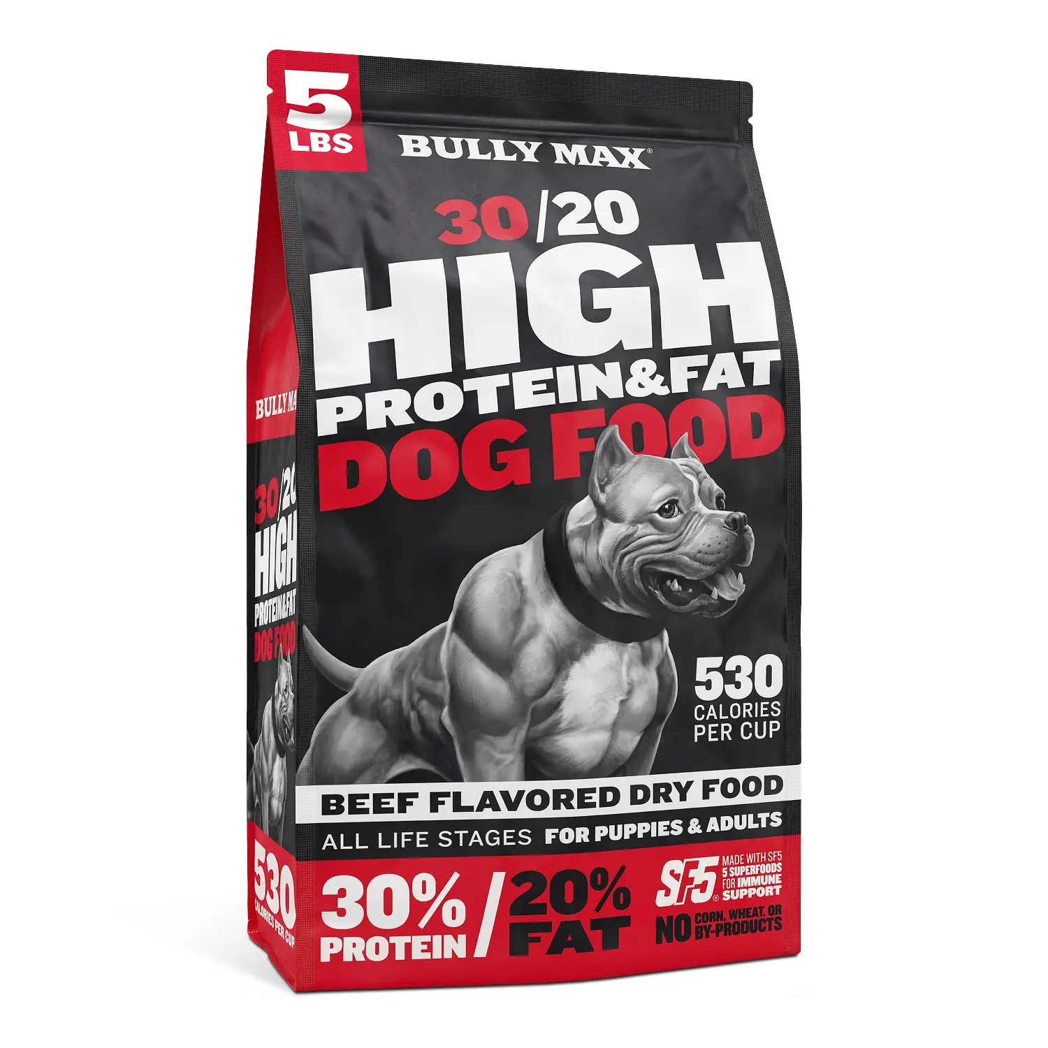 Bully Max 30/20 High Protein Beef Dog Food (5 lbs.) — 30% Protein, 20% Fat, 300% More Protein Than Fresh Beef, +10M CFU Probiotics