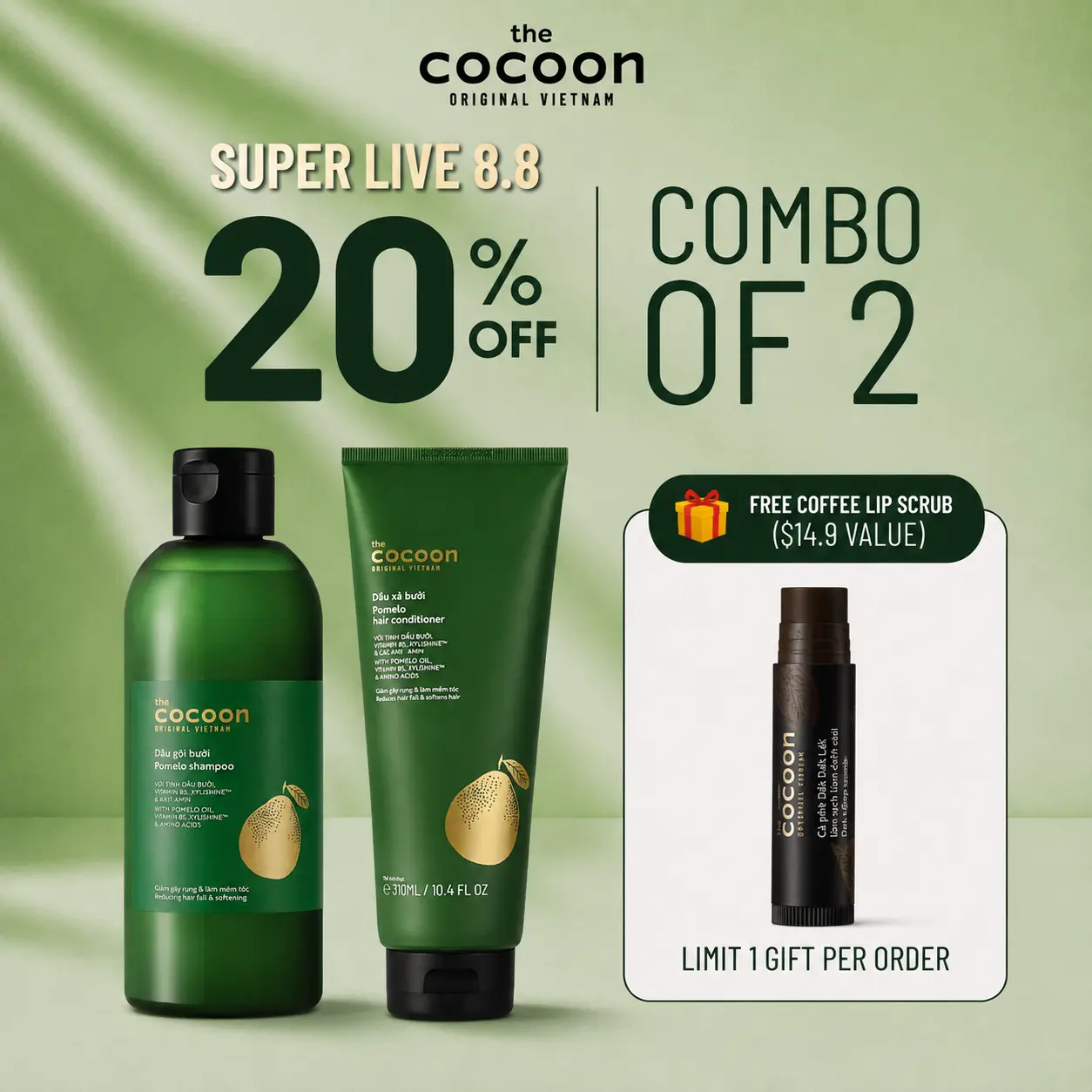Cocoon Pomelo Hair Shampoo & Conditioner Bundle - 100% Vegan, Sulfate-Free, Anti-Frizz, Moisturize, Repair, Suitable for All Hair Types, 10.5 fl oz Each