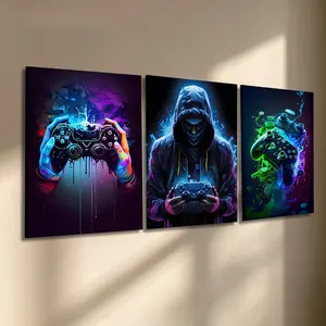 3 Pcs/Set Wooden-Framed Canvas Painting, Neon Gaming Controller Triptych Canvas Wall Art, Cyberpunk Style Gamer Print for Living Room, Bedroom, Office Decoration, Modern Home Decor, Fashion Artistic Ornaments, Artwork, Decorative Wall Art