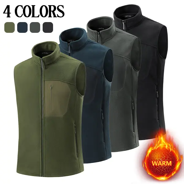 Men's Soft Stand Collar Fleece Vest - Casual Tops, Outdoor Full-Length Zipper Sleeveless Warm Vest, Flake-Fleece
