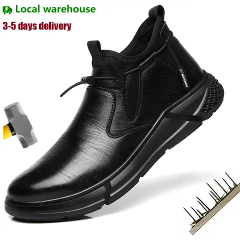 Men's Minimalist Steel Toe Slip-On No Heel Safety Work Boot - Lightweight Leather & Mesh, Puncture-Resistant, Anti-Slip, Breathable, EVA Cushioned, Synthetic Elements, All Seasons Fashion Footwear for Construction Workers