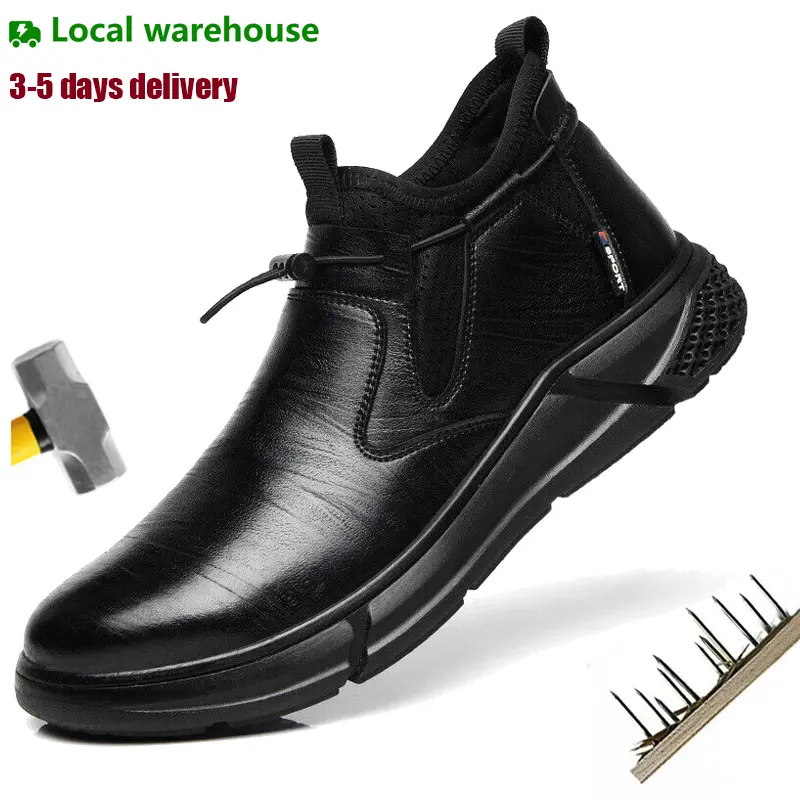 Men's Minimalist Steel Toe Slip-On No Heel Safety Work Boot - Lightweight Leather & Mesh, Puncture-Resistant, Anti-Slip, Breathable, EVA Cushioned, Synthetic Elements, All Seasons Fashion Footwear for Construction Workers