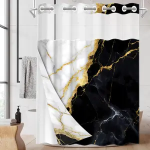 1PC/4PCS 2D Flat Printing Black and White Gold Marble Texture Splicing Patterned shower curtain, home bathroom decor, Bathroom Decoration Accessories, shower curtain set with 12 hooks, non-slip bathroom rug, U-shaped toilet seat cover, toilet seat mat.