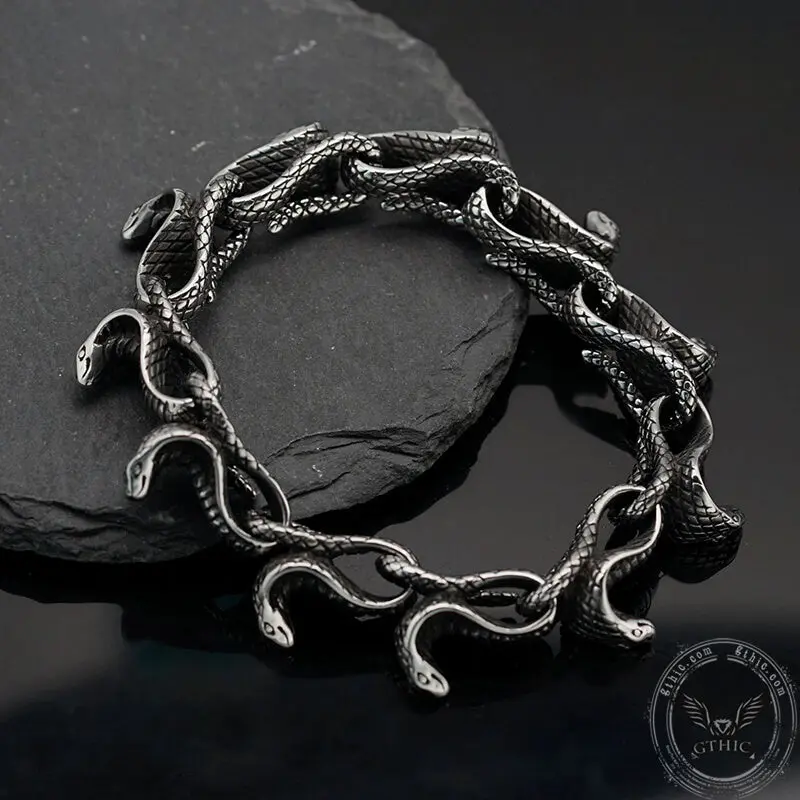 GTHIC Vintage Cobra Snake Stainless Steel Spirit Animal Bracelet, Men's Accessories, 58.6 g Casual Adult Male Artificial Gemstone Bracelet for Daily Wear, Adults