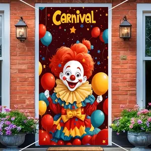 Carnival Clown Door Banner, Circus Theme Party Decoration, Party Decorations Banners, Cute Balloon Pattern, 35.4x70.8 Inches Polyester, No Power Needed