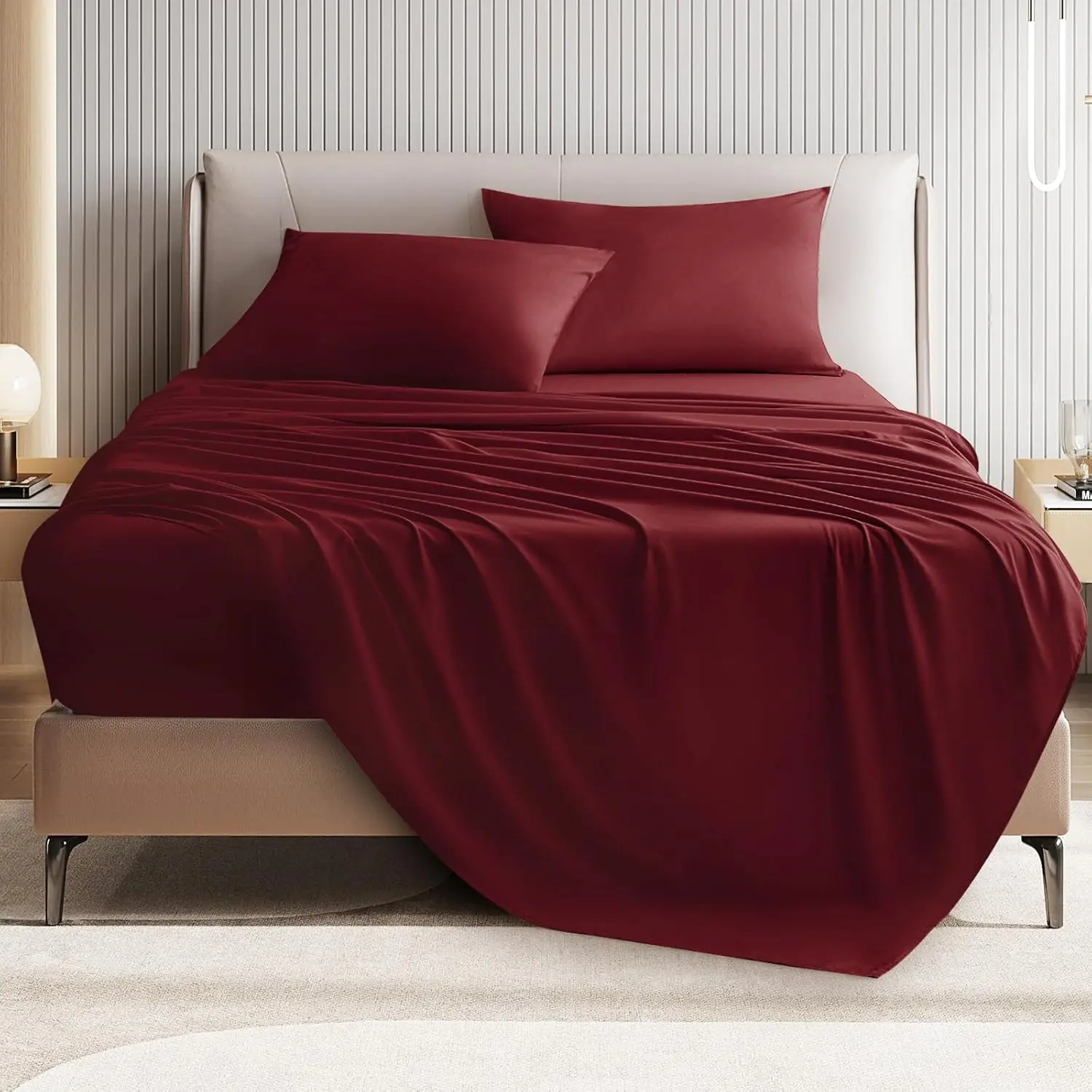 Burgundy 4-Piece King Size Solid Polyester Microfiber Sheet Set, Ultra Premium Cooling Bedding with 15" Deep Pockets, Wrinkle-Resistant, Fade-Resistant, Machine Washable, Tumble Dry Quickly