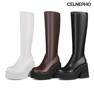 CELNEPHO Fashion Boots for Women Round Toe Knee High GOGO Booties Easy Pull on Chunky Platform Heel Punk Booties Work Wear Party Dress Shoes