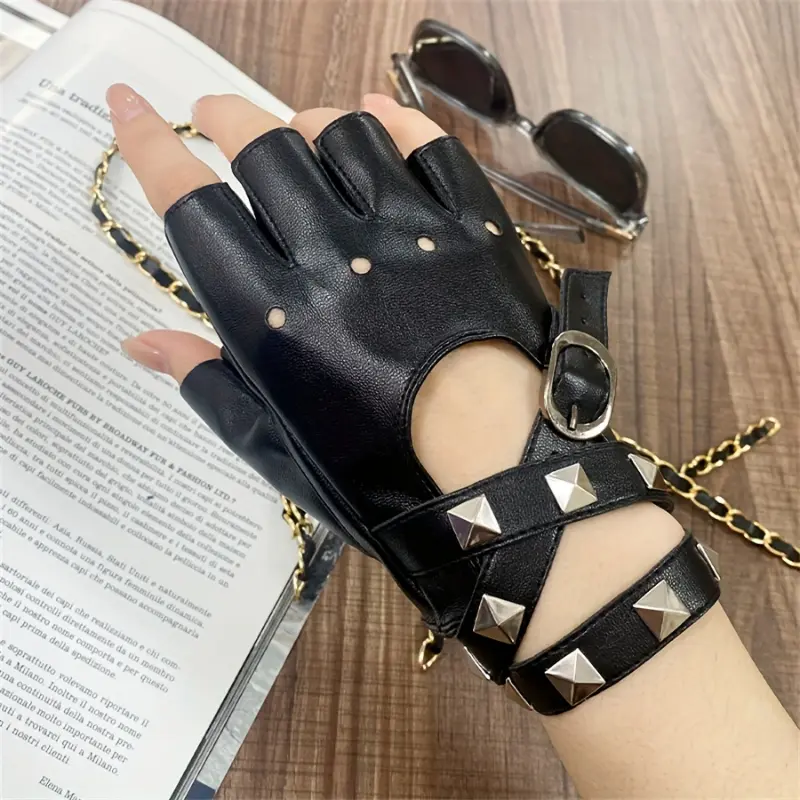 Women's Edgy Cyberpunk Casual Split-Finger Gloves - Solid PU Leather, Spike Cuffs, Elastic Bandage Design for Cosplay, Concerts