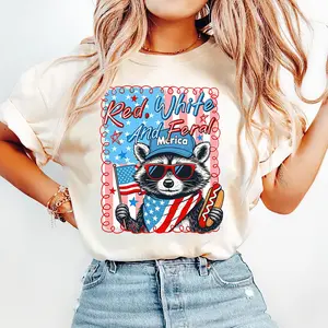 Red White and Feral Raccoon Shirt, Funny Patriotic Animal Tee, Fourth of July Outfit, Retro USA Graphic Top.