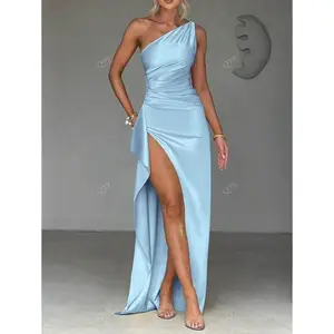 Women's Solid Color Silk Satin One Shoulder Ruched Maxi Dress Sexy Backless High Slit To Thigh Club Party Dress,Perfect For Outings,Parties,Cocktail,Wedding Guest And Vacations Blue Fabric