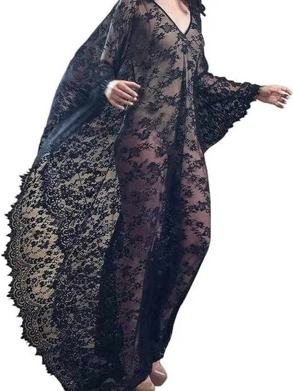 FITSHINLING Women's Plus Size Boho Beach Kaftan, Sheer Lace V-Neck Maxi Swim Coverup for Summer Vacation, Beach Kaftans, Plussize, Curvy Clothing