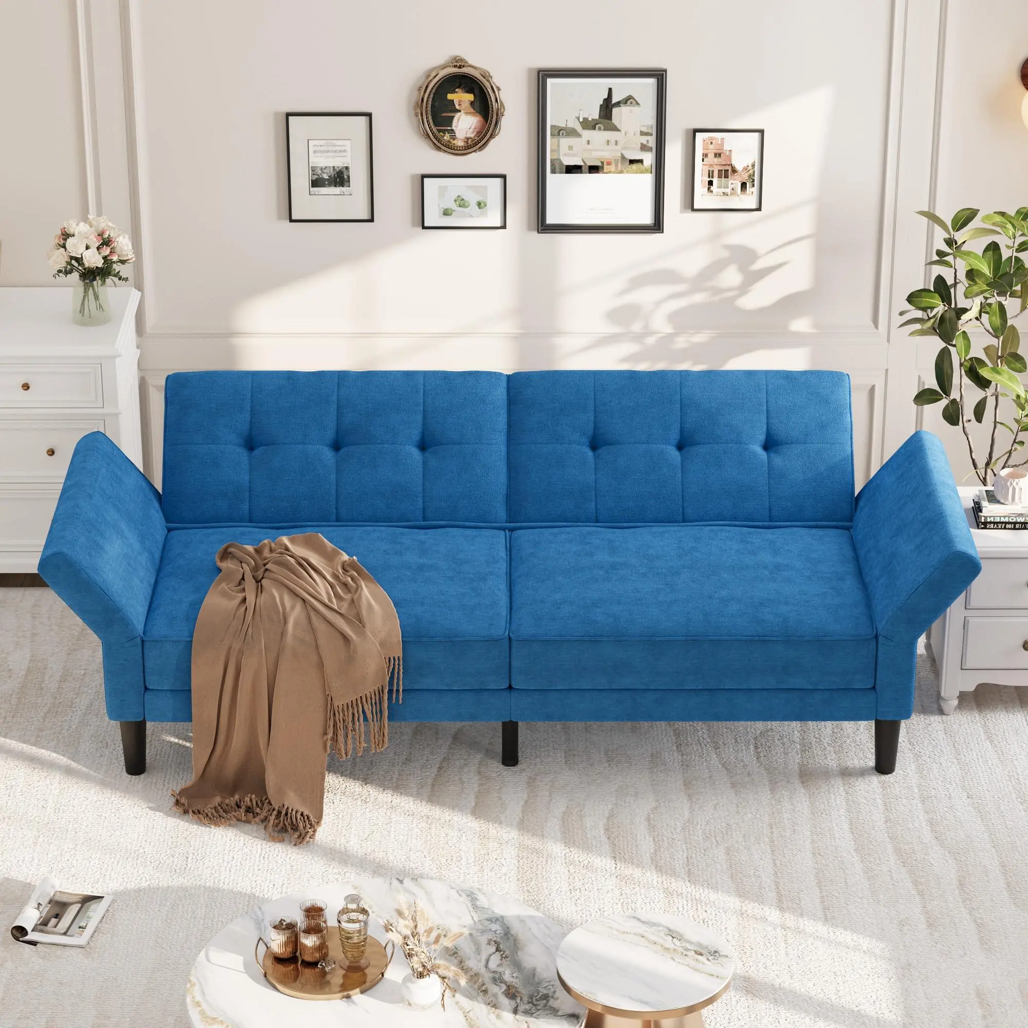 89" Chenille Fabric Minimalist Loveseat Sofa Bed - Adjustable Backrest & Arms, Button-Tufted Convertible Loveseat Sleeper with Polyurethane Foam, Space-Saving Indoor Furniture for Living Rooms, Bedrooms (Bed Frame Alternative, Assembly Required)