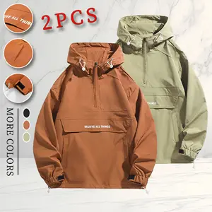 Two-piece set trendy half-zip hooded jacket with street casual style, large pocket drawstring details, letter print design suitable for young men and women for daily outings, commuting, shopping, and expressing personal fashion.