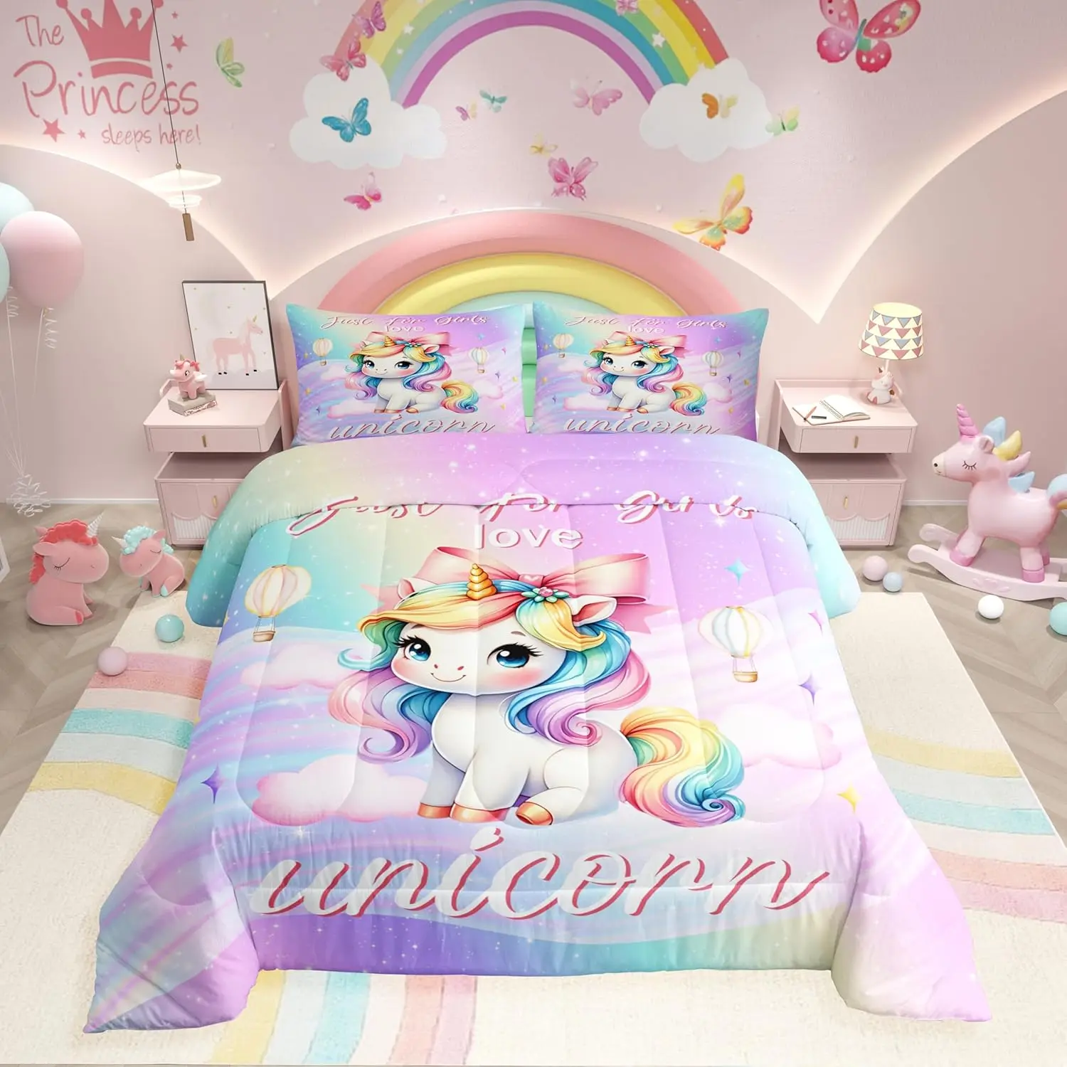 Feelyou Girls Toddler Unicorn Bedding Set - Rainbow Purple Kawaii Comforter with Pink Bow Knot, Reversible Stars Printed Breathable Soft Lightweight Blanket for Kids Room Decor, Breathable Soft Blanket, Light Weight Blanket