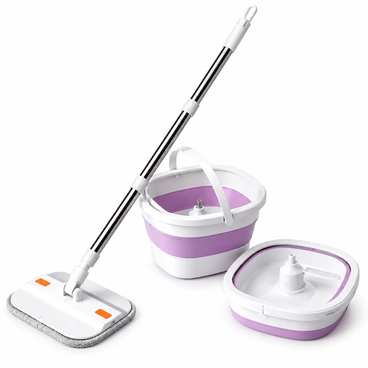 WELLMALL Foldable Spin Mop and Bucket Set - 3 Microfiber Pads, Hand-Press Wash & Spin-Dry Mop for Kitchen/Bath Hard Floors