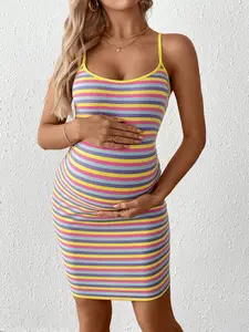 LAFERLIN Maternity Striped Spaghetti Strap Slim Fit Short Dress Preppy Style