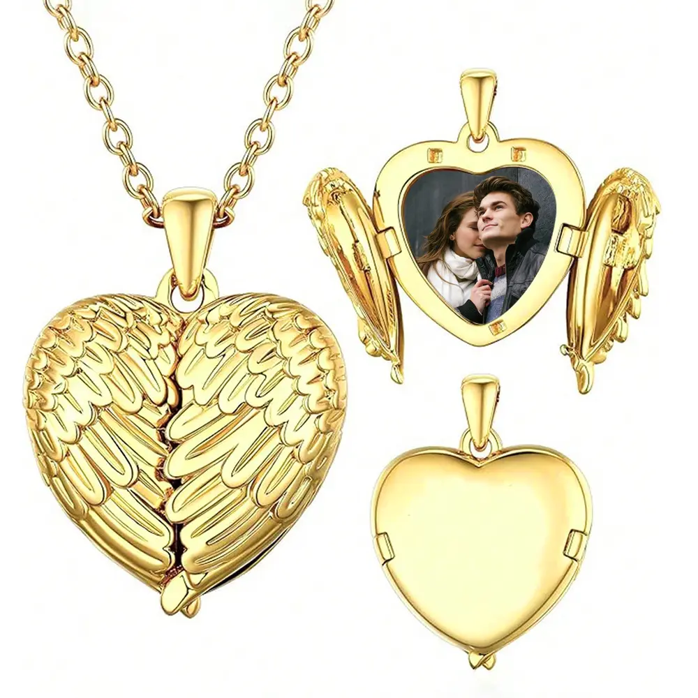 Punk-Inspired Gold Plated Heart Box Necklace with Alloy Chain, Open-Close Wing Design, Custom Photo-Holding Feature, Anniversary Gift, Exquisite Costume Jewelry Accessory, Chain Jewelry Necklace, Gold Plated Jewelry, Custom Photo Necklaces