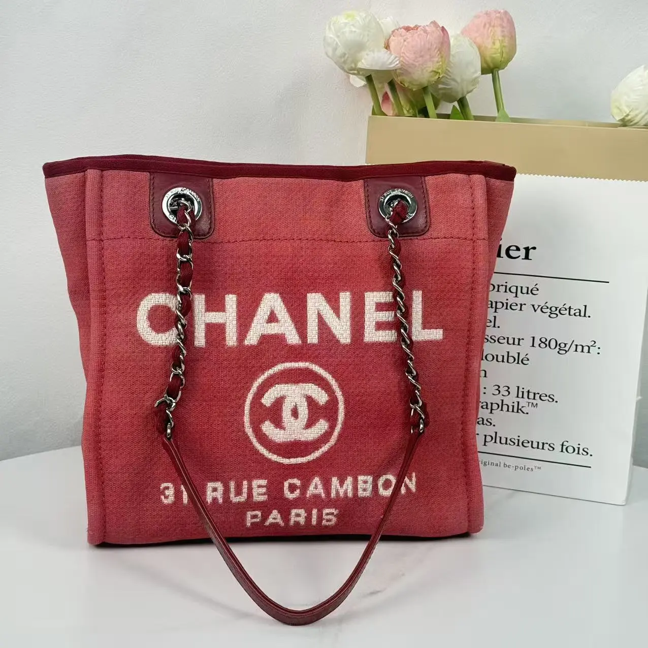 Pre-owned CHANEL Red Canvas 31 Rue Cambon Small Deauville Tote Bag