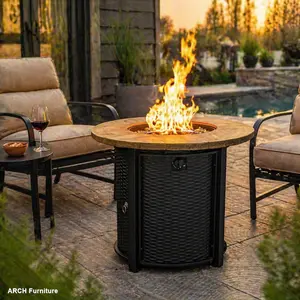 30x30x24 in Modern Tabletop Fire Pit, 50000 BTU Round Steel Fire Pit Table with Imitation Wood Grain Finish, Smoke-Free Heating, Weather-Resistant Heavy Duty Firepit with Included Cover for Patio, Backyard
