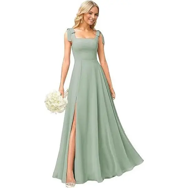 Women's Bridesmaid,Wedding,Formal,Gala,Chiffon Long Maxi Dress with Bow,Square Neck,Modest Silhouette for Wedding Guests
