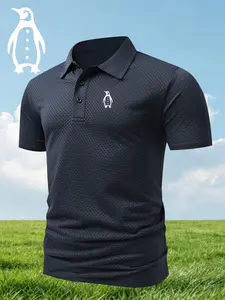 Men's Penguin Print Polo Shirt, Fitted Casual Geometric Pattern, Breathable Stretch Fabric, Comfortable All-Season Wear