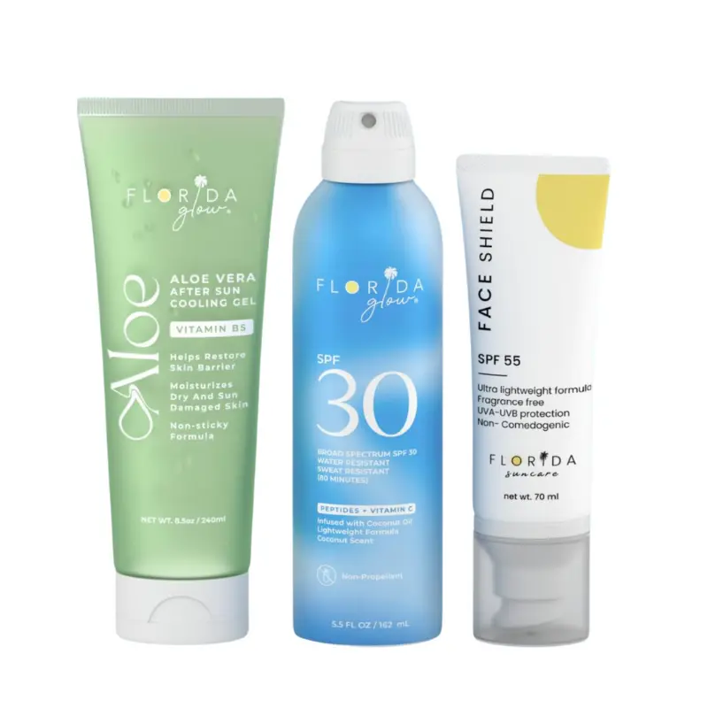 Florida Glow Sun care Starter Kit SPF 30+ Protection! Includes Face Shield SPF 55, Sunscreen Lotion & Spray SPF 30, plus Aloe After Sun Gel