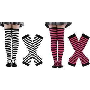 4 Pairs Women's Striped Arm Warmers Goth Y2K Knitted Fingerless Gloves with Long Knee High Socks Set