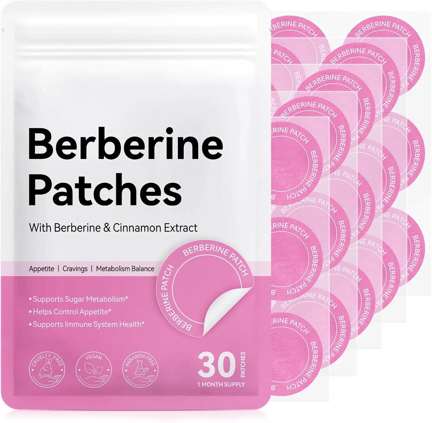 Berberine Patches – with Berberine, Pomegranate, Cinnamon & Vitamin B Complex, 8 Hours Long-Lasting Formula Support – Transdermal Wellness Patch for Men & Women – 30 Patches (1 Month Supply)
