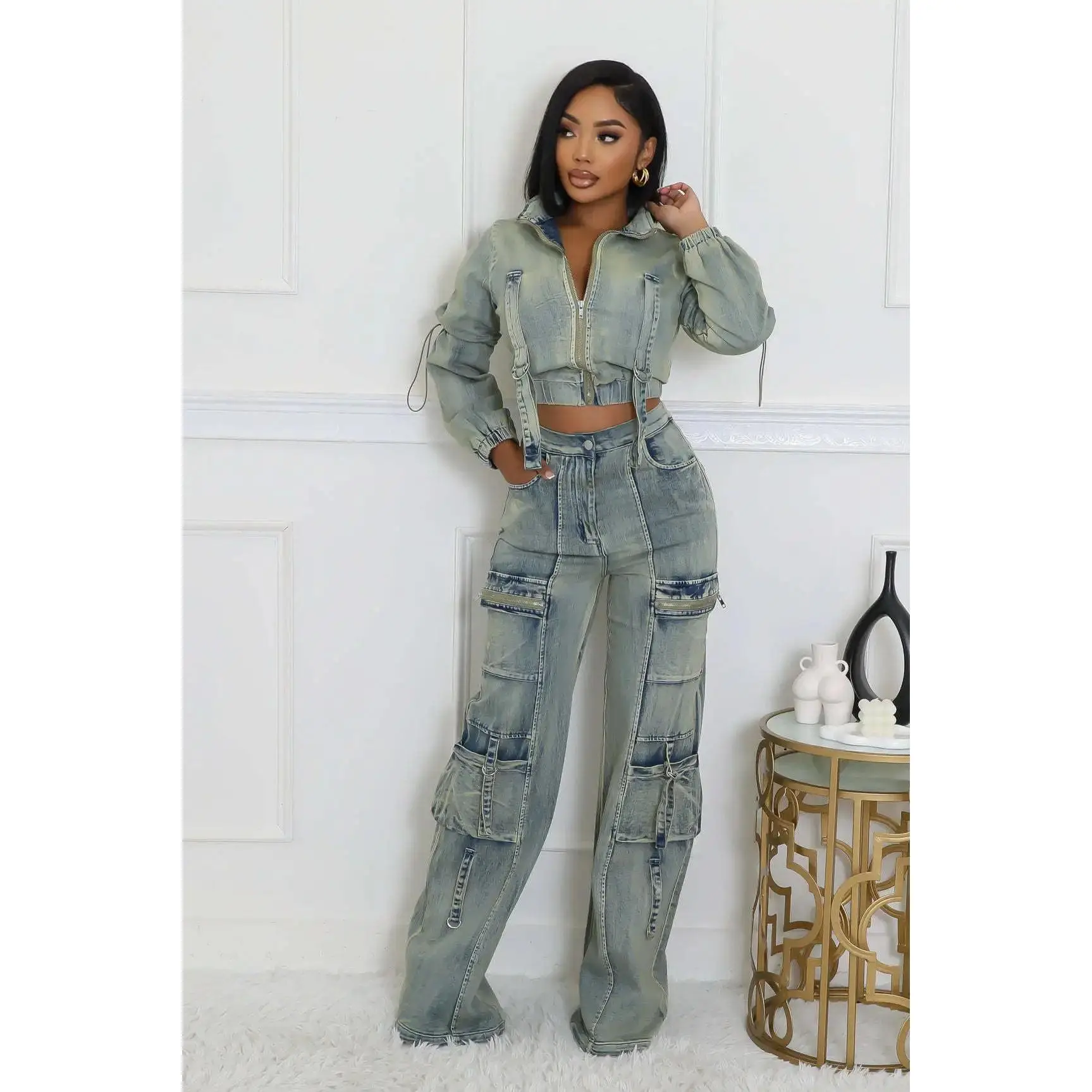 Stretch Faded Denim Women's Long Sleeve Zipper Jean Jacket + Cargo Multi-Pocket Straight Denim Jeans 2-Piece Set