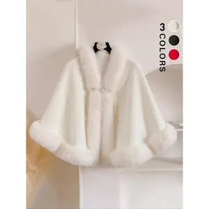 Women's Solid Color Contrast Faux Fur Cape Shawl, Casual Warm Shawl for Fall & Winter, Fashion Accessories for Daily Wear, Soft Warm Shawl