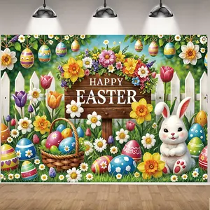 Easter Themed Background, 1 Count Colorful Rabbit & Egg & Flower Pattern Happy Easter Banner, Wall Decor for Home Party Festival, Ornaments