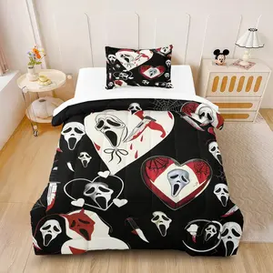 Ghostface Scream Comforter Set 2/3 Piece (1 Comforter + 1-2 Pillowcases), Horror Movie Theme Print Bedding for Horror Fans' Bedroom Accessories & Halloween Decor, Spooky Aesthetics