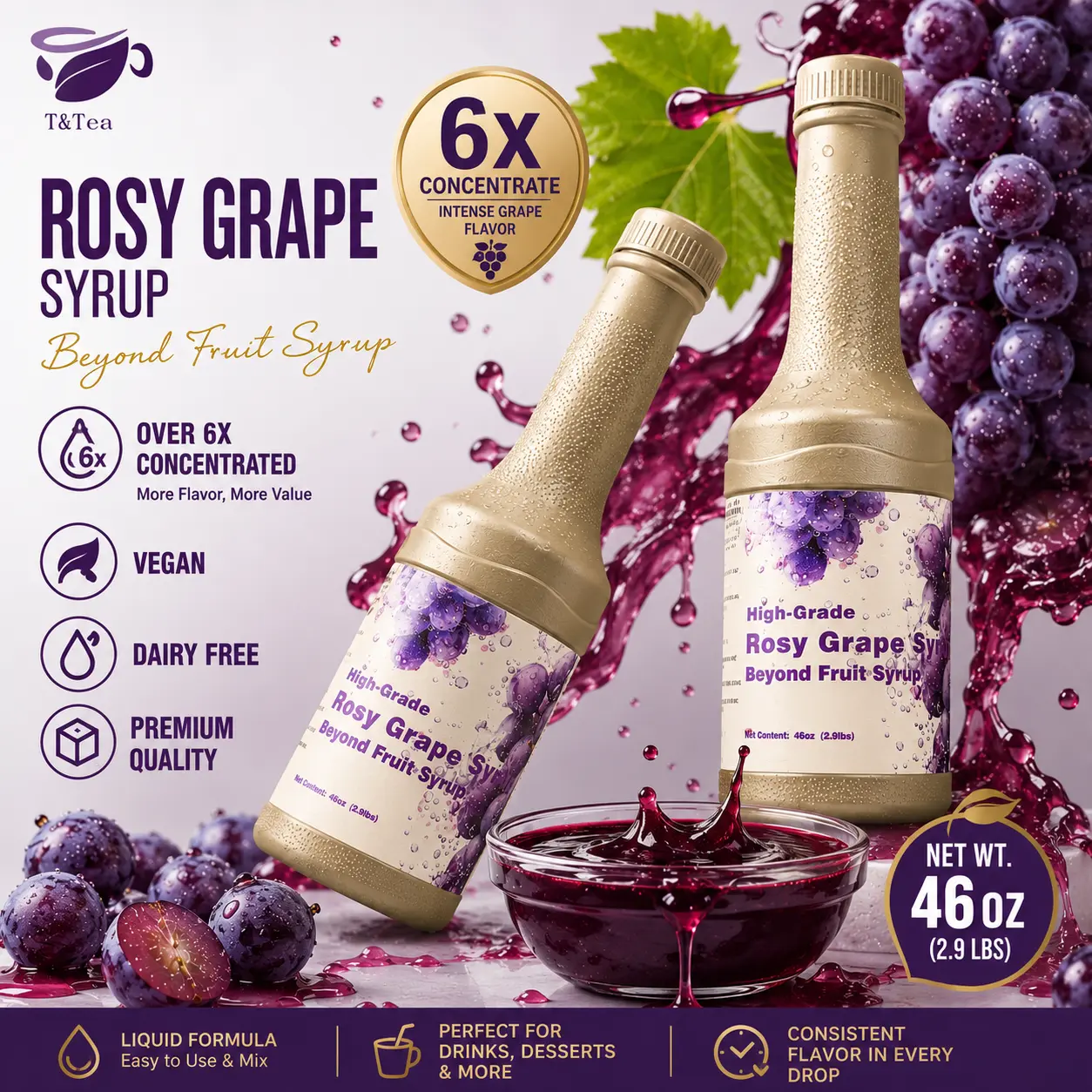 T&Tea High-Grade Rosy Grape Purée 46oz (2.9lbs)  | 6X Concentrated Fruit Purée for Lemonade, Smoothies, Milk Tea, Mocktails & Desserts